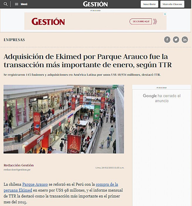 Adquisicin de Ekimed por Parque Arauco fue la transaccin ms importante de enero, segn TTR